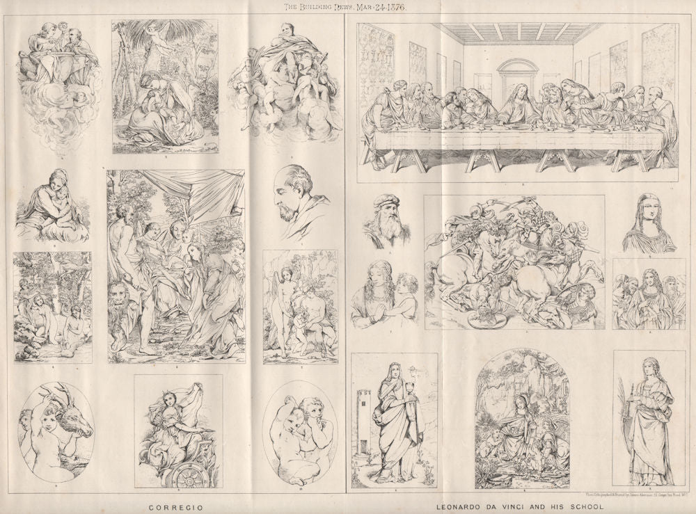 Corregio; Leonardo Da Vinci and his school . Decorative 1876 old antique print